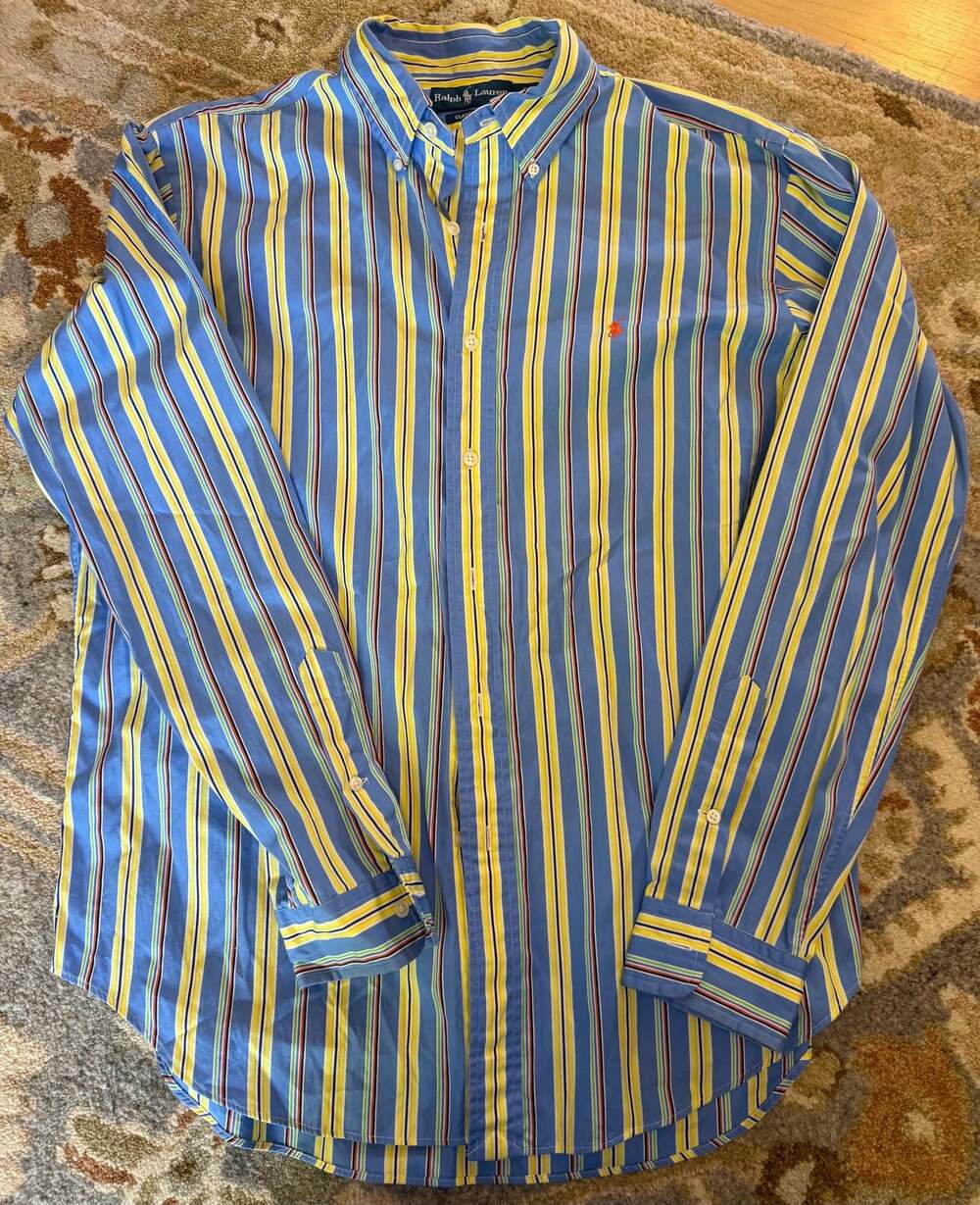 Ralph Lauren Classic Fit Blue and Yellow Striped Button Up Long Sleeve Shirt